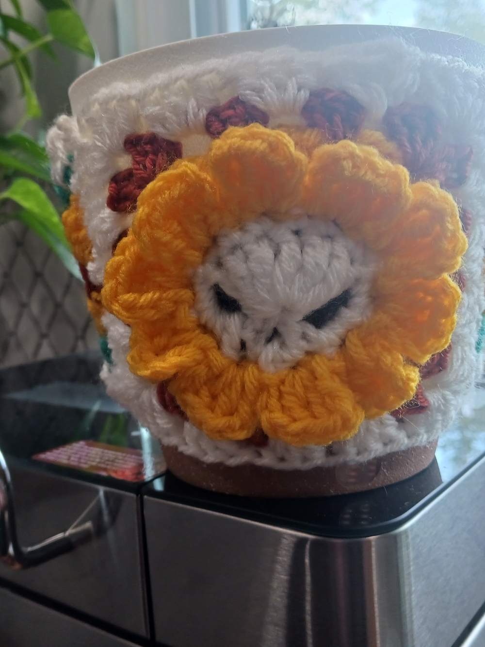 Handmade Crocheted Granny square SKULL FLOWER Pot Wrap
